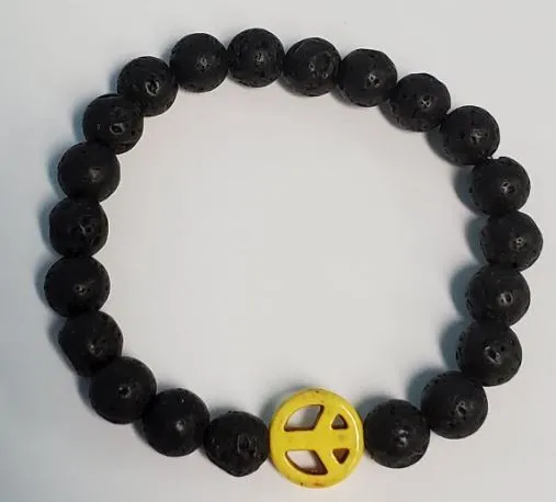 polly Bracelets B910 Black Lava Stone Yellow Peace Sign Bead Bracelet