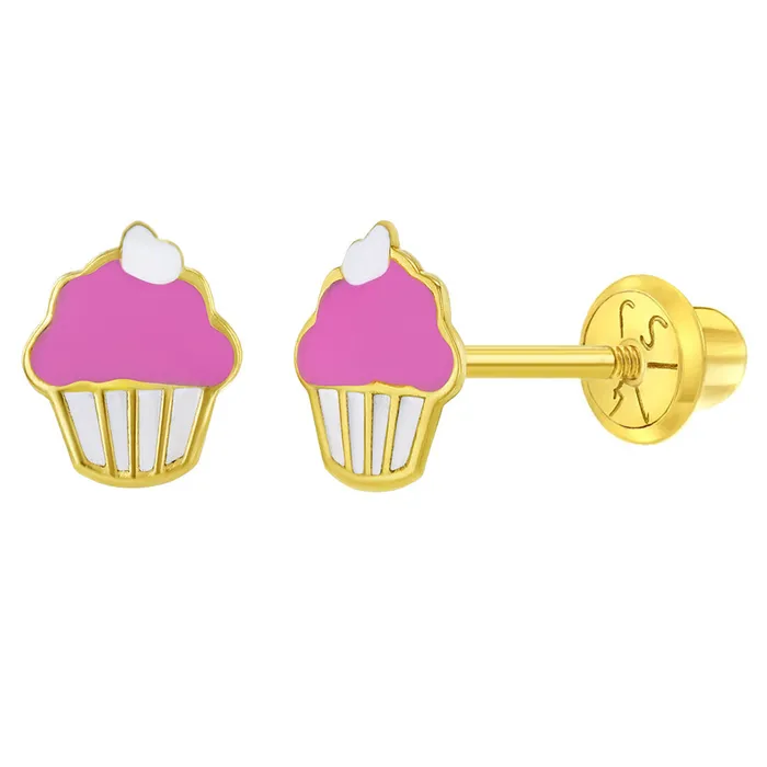 14k Yellow Gold Enamel Cupcake Screw Back Earrings for Toddlers and Young Girls Food Studs Baby Screw Back Earrings Earrings