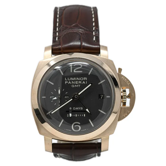 Panerai Mens Luminor 1950 8 Days GMT 18K Rose Gold 44mm Brown Dial Watch Reference PAM00289 happy jewelers Earrings Panerai Mens Luminor 1950 8 Days GMT 18K Rose Gold 44mm Brown Dial Watch Reference PAM00289 happy jewelers Earrings